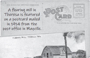 A flouring mill in  Theresa is featured on a postcard mailed  in 1914 from the post office in Mayville.